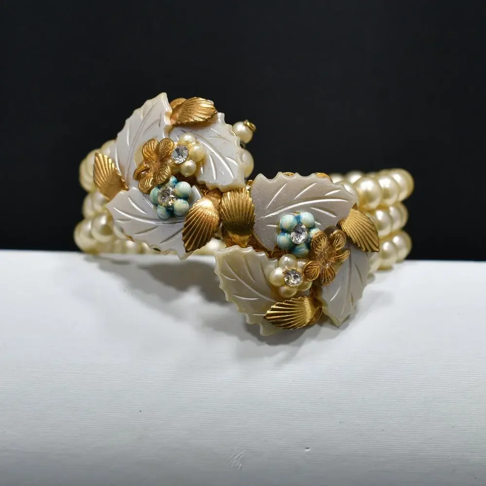 Vintage Faux Pearl Memory Wire Bracelet, Hand Carved Leaves, 1960s